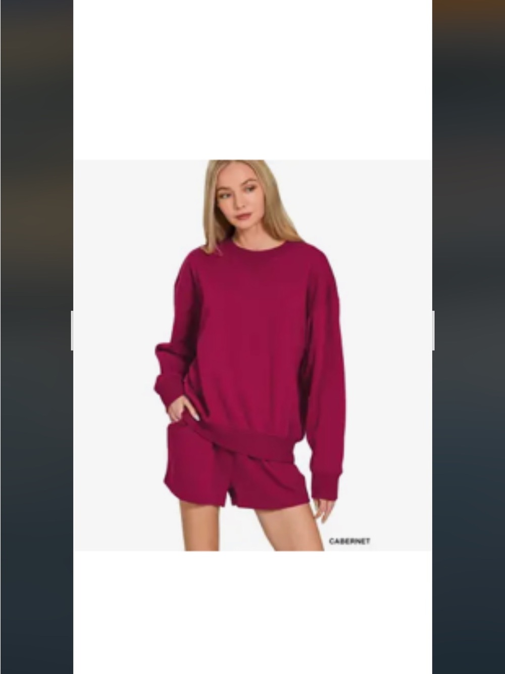 Zenana Outfitters Cabernet Magenta Lounge Sweatshirt and Shorts Set